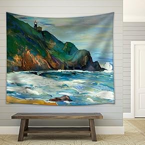 Original Oil Painting of Lighthouse on The Seacoast on Canvas.Modern Impressionism - Fabric Wall Tapestry Home Decor - 51x60 inches