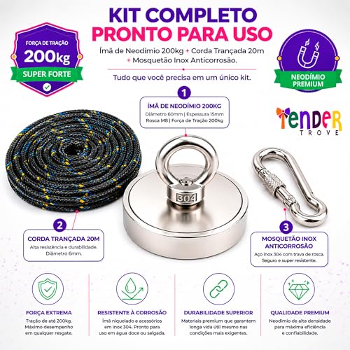 Tender Trove Kit Pesca Magnetica Ima Neodimio 200kg, 60mm, Corda Trancada 20 Metros, Mosquetao Aco Inox, Recuperacao Objetos Metalicos Rios Lagos