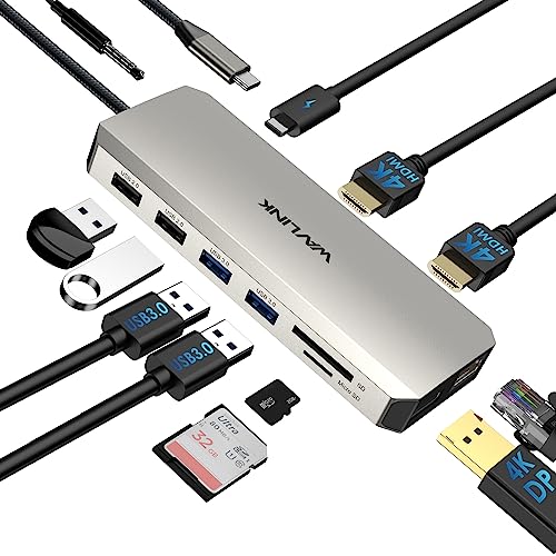 WAVLINK 12 in 1 USB C Docking Station, Dual HDMI Dockingstation USB C, Multiport Adapter mit 4K Dual HDMI, DP, 100W PD IN, USB3.0, USB2.0, RJ45, SD/TF Slots, Audio/Mic