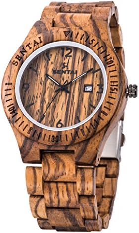 Sentai Mens Wood Watches, Handmade Lightweight Vintage Wristwatch with Calendar Luminous Pointer