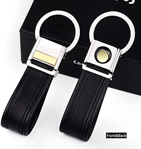 Cadtealir Highlight Stainless Steel Metal tab Lock bucle Inlaid with 18k Golden chip with Full Grain Nappa Leather Strap car Key Chain Lanyard Clips Ring for Porsche for Men Woman Accessories