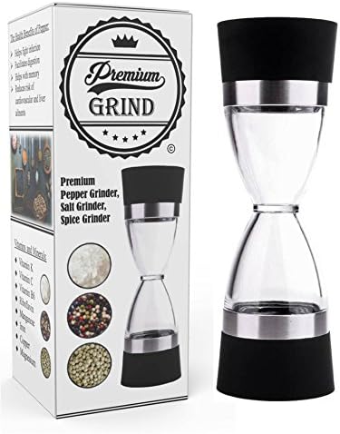 Pepper Grinder, Dual Salt and Pepper Grinder by Premium Grind. 2 in 1 salt and pepper mill, 100% adjustable ceramic grind mechanism, acrylic, 7 inch. Easily refillable. Click to buy now!