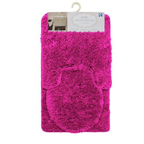 Mary 3 Piece Bathroom Rug Set, Luxury Soft Plush Shaggy Thick Fluffy Microfiber Bath Mat, Countour Rug, Toilet Seat Lid Cover, Non-Slip Rubber Back, Floor Mats Water Absorbent (Fuchsia)