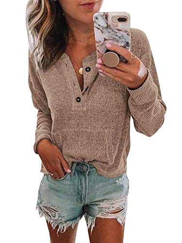 Womens V Neck Henley Shirts Pocket Ribbed Long Sleeve Button Down Tops Casual Loose Fit Tees Khaki