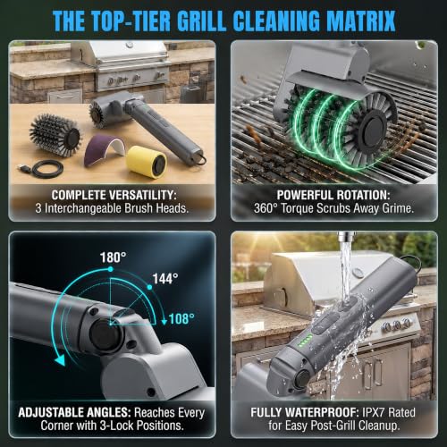 2026 Upgraded Electric Grill Brush Cordless, 3-in-1 Rotary BBQ Cleaner with 3-Speed Control & Adjustable Head, Grill Cleaning Brush, Stainless Steel & Porcelain Grates, BBQ Gift for Men & Dad