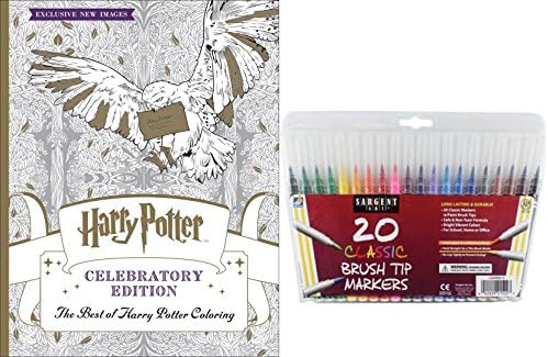 The Best of Harry Potter Coloring Book, Celebratory Edition & 20 Sargent Art Firm Brush Tip Marker Pens Gift Set โ Color Your Favorite Magical Hogwarts Creatures, Scenes & Characters - For All Ages