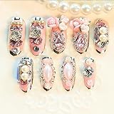 Dongcrystal 24pc 3D Bride Wedding Pearl Art Nail Bling Rhinestone Crystal Pink Rose Flower False Fake Nail Full Nail Tip