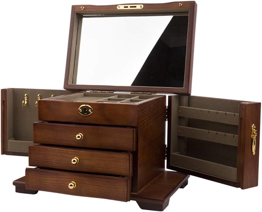 RICHLN Large Wooden Jewelry Box,4 Layer Lockable Built-in Mirror Jewelry Organizer Box Double Door Jewelry Box for Women Rings Earrings Necklaces A 36x27x28cm(14x11x11inch)