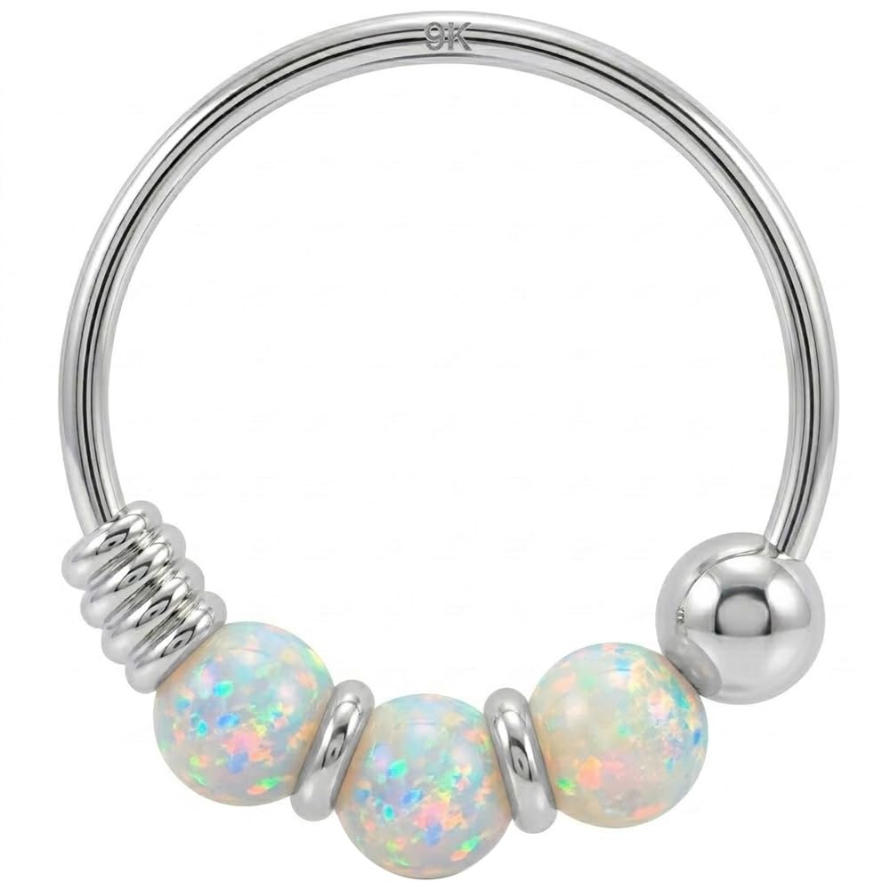 AZARIO LONDON 9K White Gold Nose Ring Triple White Opal Bead 22 Gauge Hoop — image 1