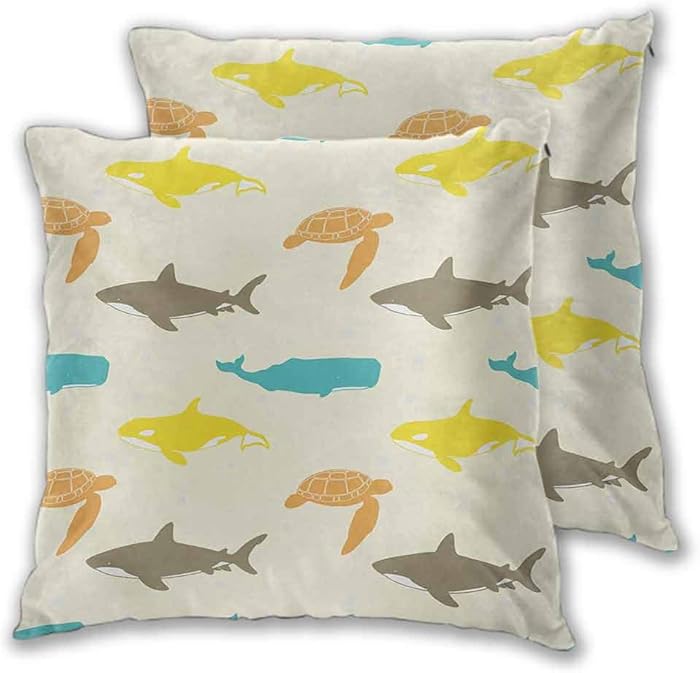 Sea Animals Indoor Pillowcase Pattern with Whale Shark and Turtle Aquarium Doodle Style Marine Life Soft and Breathable 22 x 22 Inch 2 PCS Ivory Taupe Peach