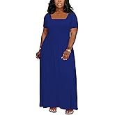 TOPSRANI Womens Plus Size Maxi Dresses for Women Oversize Casual Short Sleeve Crew Neck Loose Summer Dress with Pockets