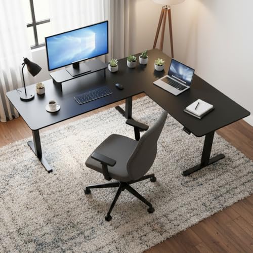 FOH Furniture Escritorio Eléctrico en L Ajustable en Altura 160x140 cm, Esquinero Sit Stand, Estación de Trabajo Ergonómica, Estructura de Acero, para Oficina en Casa, Negro