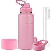 honogo 32 oz Powder Coated Double Wall Vacuum Insulated Sports Water Bottle, 18/8 Stainless Steel Wide Mouth Thermal Flask with Straw Lid & Spout Lid, Leak Proof, Sweat Free, BPA Free (Pink, 32 oz)