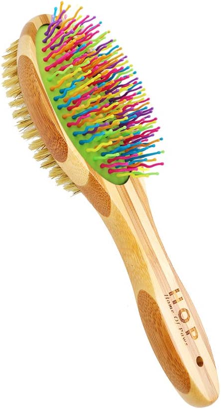 Double-Sided Pet Brush for Grooming & Massaging Dogs, Cats & Other Animals – Fur Detangling Pins & Coat Smoothing Slicker Bristles, Double the Brushing Groom Power In One Tool, Bamboo Handle: Beauty