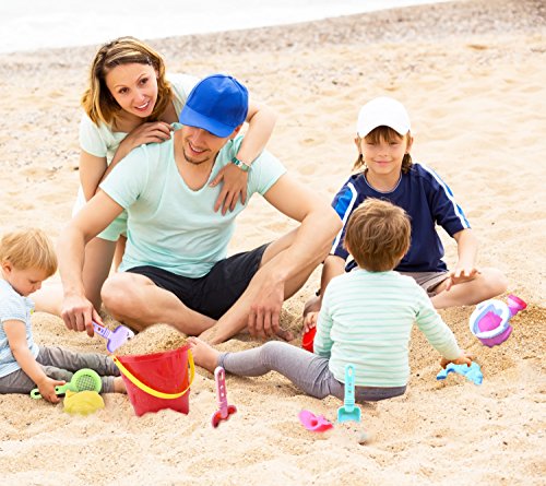 Zooawa Beach Sand Toy Set for Kids, Beach Bucket Sand Models Play Kits Summer Playing Molds Pail Sets Include Red Bucket, Rake, Shovels, Watering Can, Sand Models, Colorful