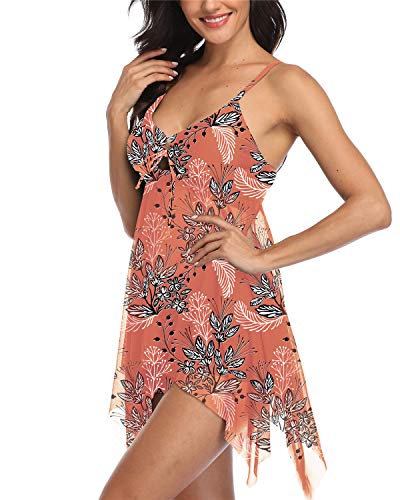 Temptme Women Swimsuit Two Piece Tankini Mesh Swimdress Floral Printed with Boyshort Bathing Suits - Thumbnail 3