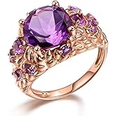Gixaxak 18K Rose Gold Plated Vintage Amethyst Ring Luxury Imitation Amethyst Ring for Women Inlaid with Colored Gemstones