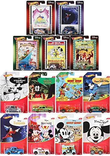 Mega Cartoon Car Hot Wheel Disney Pack Mickey Mouse Character Series Exclusive 8 Cartoon Car Set + Pop Culture Movie Art Jungle Book / Snow White Dwarves VW / 101 Dalmations / Peter Pan 13 Pack Bundle