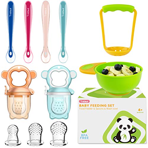 Baby Food Feeder Fruit Feeder Pacifier (2 Pack) with 3 Different Sized Silicone Pacifiers, Mash and Serve Bowl with 4 Baby Spoons Silicone Soft-Tip Infant Spoon, Baby First Stage Feeding Set by MICHEF - Thumbnail 7