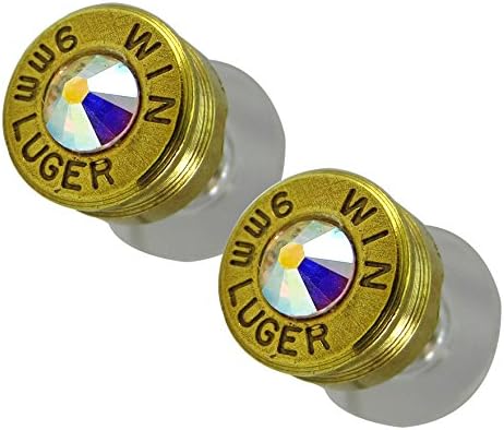 LoriDavidson Designer Brass 9mm Bullet Shell Swarovski Crystal Stud Earrings