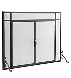 Plow & Hearth Large Flat Guard Fireplace Screen with Doors, Handcrafted Solid Steel, Heavy Duty Metal Mesh, Adjustable Feet, Powder Coat Finish, Free Standing Spark Guard 44 W x 33 H, Black