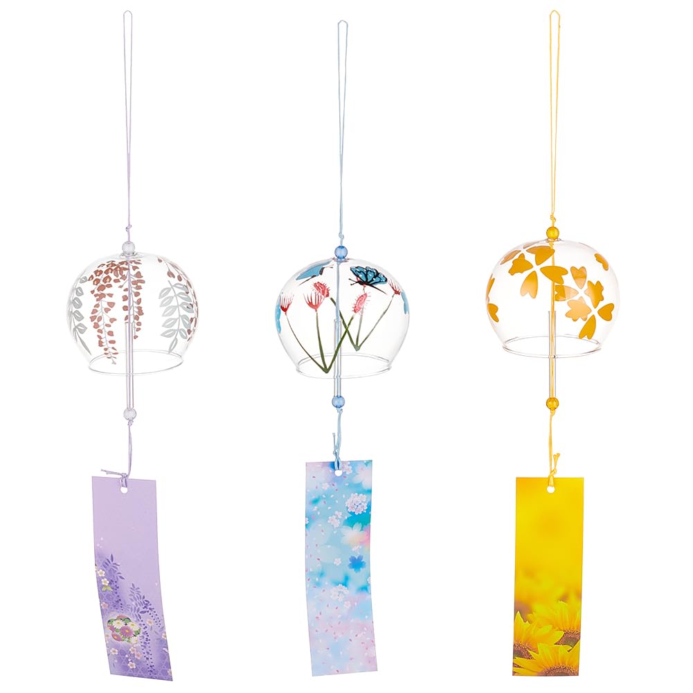 BENECREAT 3 PCS 3 Colours Japanese Glass Round Wind Chimes, Light Sky Blue, Light Golden Yellow, Light Purple Wind Chimes with Paper Blessing Pendant for Garden, Patio, Balcony Decoration