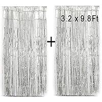 Lansian 2PCS Metallic Tinsel Silver Foil Fringe Curtain Party Decorations for Party Photo Backdrop Wedding Decor (Silver, 3.2ft x 9.8ft)