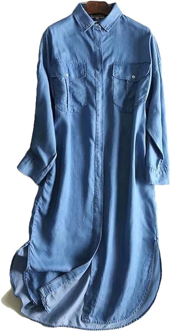 Amazon デニム ワンピース レディース シャツワンピース ロング丈 膝丈 シャツ カーディガン アウター 長袖 ゆったり 体型カバー 着痩せ カジュアル 通勤 オフィス フォーマル 日常 薄手 春 夏 ブルー ポケット ワンピース チュニック 通販