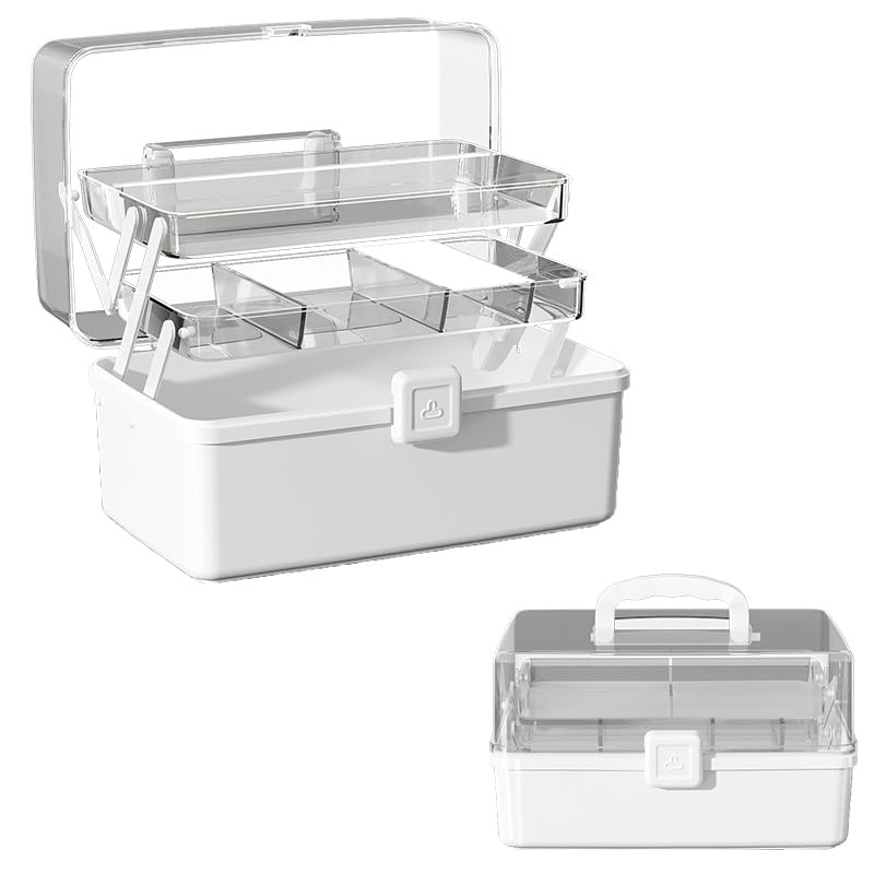 Photo 1 of 12.9in Three-Layer Multipurpose Storage Box with Handle Portable Tackle Box Folding Art & Craft Case Sewing Supplies Organizer for Makeup, Medicine, Nail, Hair Accessories (White)