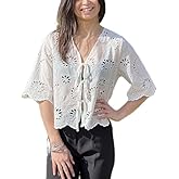 Women Y2k Floral Embroidered Shirt Eyelet Short Sleeve V Neck Bow Tie Front Blouse Cute Summer Going Out Tops