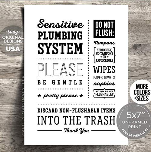 5x7" *UNFRAMED Print Cute Do not Flush Bathroom Sign Septic System Sensitive Plumbing No Feminine Sanitary Products Tampons Paper Towels Decor Hotel Restaurant Office airbnb Art Décor Toilet Be Gentle - Thumbnail 6