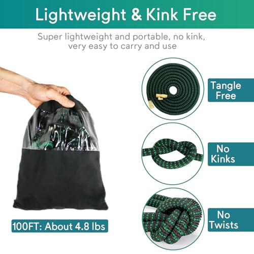 100 ft Expandable Garden Hose, 2026 New No Kink Retractable Water Hose 100ft, 10 Function Nozzle, Solid Metal Fittings, Durable Latex Core, Lightweight, Flexible for Gardening, Cleaning, Car Washing