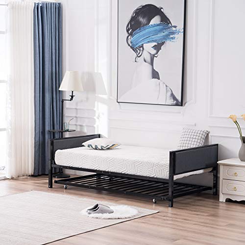 Metal RollOut Trundle Bed Frame with Slats Support, Home Accent