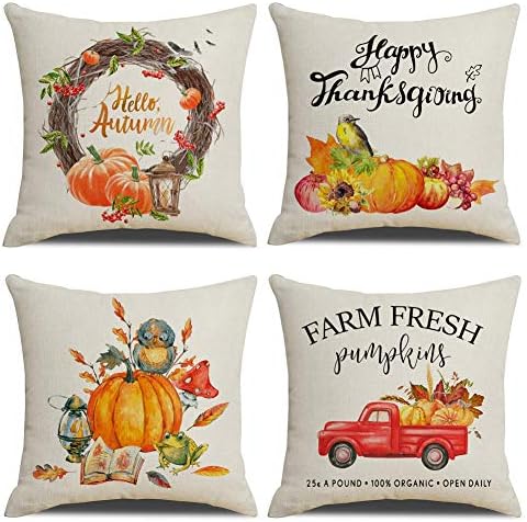 KACOPOL Fall Decorative Pillow Covers Farm Fresh Pumpkin Truck Hello Autumn Watercolor Pumpkin Happy Thanksgiving Gift Throw Pillow Case Cushion Cover 18" x 18" Set of 4 （Fall Farm Pumpk）