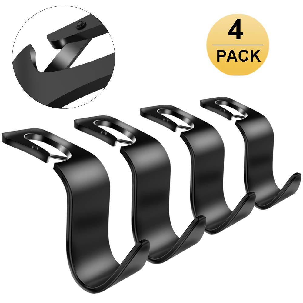 Fourcase 4Pack Car Back Headrest Hooks,Universal Car Vehicle Seat Hanger Holder Hook Organizer for Bag Purse Handbag Cloth (Black)