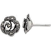 925 Sterling Silver Oxidized Marcasite Fancy Rose Post Earrings 11.6x11.6mm Wide Stud Earring for Women
