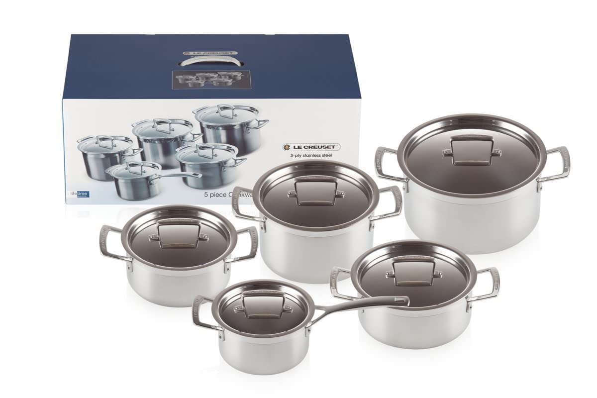 Le Creuset 3-Ply Stainless Steel Cookware Set, 5 Pieces, Silver, 96209400001000
