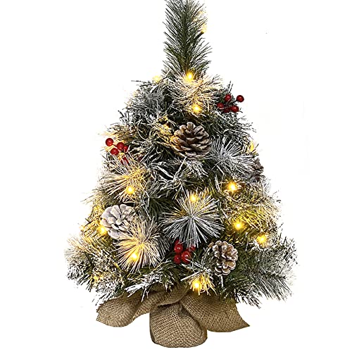 AOGU Mini Christmas Tree Snow Flocked 24Inch Prelit Artificial Tabletop Tree Holiday Decoration with 35 Lights and Cloth Bag Base Xmas Home Table Small Christmas Tree Linen Base