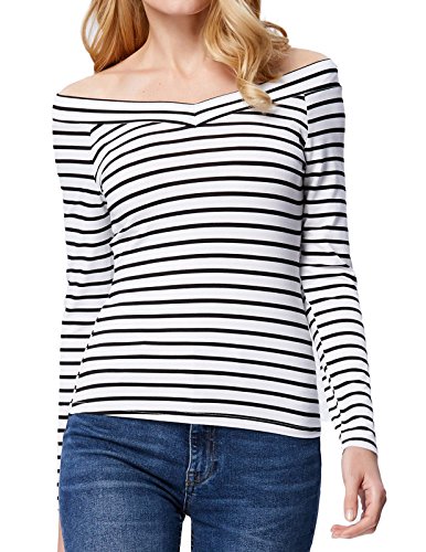 Kate Kasin Women's Deep V-Neck Long Sleeve Striped Tank Top (M,Stripe K1029)