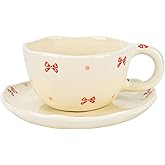 Koythin Ceramic Coffee Mug with Saucers, Handmade Flowers Mugs, Cute Cup for Girl Women, Aesthetic Tea Milk Cup with Handle, 8.5 oz/250 ml for Latte, Cocoa, Office, Home (Cute Bow)