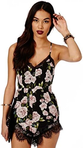 Women Dress Nighter Ladies Floral Print Bandage Lace Short Romper Dress (3XL, Black)