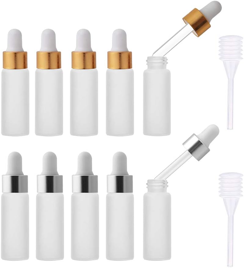 Enslz20pcs Mini 5 ml Frosted Mini Glass Bottle Sample Vial Small Essential Oil Bottle with Glass Eye Dropper(Gold cap and Silver cap) (5ml)