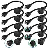 BULL 10 Pack 14AWG Short Power Extension Cord, Two 360 degree Rotating Flat Plug Cords included, 1875W Outlet Saver, 15A Electrical Appliance Cable, 1 Foot 3 Prong Grounded Cord [UL Listed]
