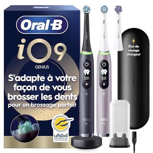 Oral-B Brosses à Dents Electriques iO 9 Duo, 3 Brossettes de Rechange, Noire et Rose - 7 Modes de Brossage dont Blancheur, Soin Gencives, Charge Rapide de la Batterie, Capteur de Pression, Etui