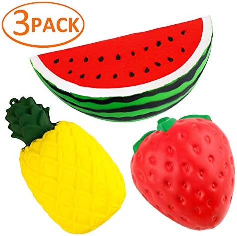 JANYUN 3 Pieces Jumbo Strawberry Watermelon Pineapple Slow Rising Squeeze Toys Kawaii Scented Charms Hand Wrist Toy