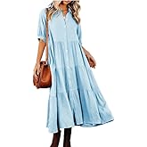 utcoco Womens Puff Sleeve Button Down Maxi Shirt Dresses Casual Loose Fit Tiered Swing A Line Cotton Long Shirt Dress