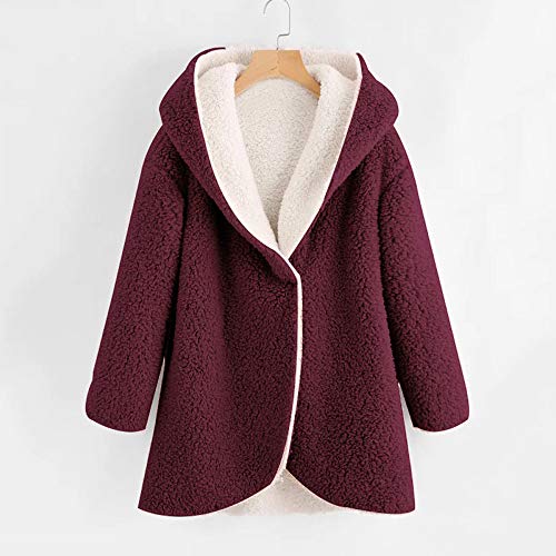GREFER Women's Winter Jacket Curved Hem V Neck Faux Fur Sherpa Fleece Hoodie Coat (L, Red)