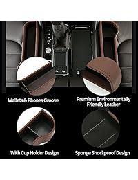 Bolsillo lateral de consola de piel auténtica para asiento de coche, organizador con soporte para tazas, paquete de 2 (negro)