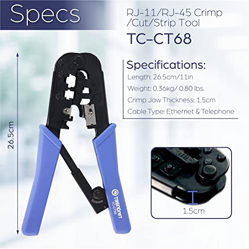 TRENDNET CRIMPING TOOL, CRIMP, CUT, AND STRIP TOOL, FOR ANY ETHERNET OR TELEPHONE CABLE, BUILT-IN CUTTER AND STRIPPER, 8P-RJ-45 AND 6P-RJ-12, RJ-11, ALL STEEL CONSTRUCTION, BLACK, TC-CT68