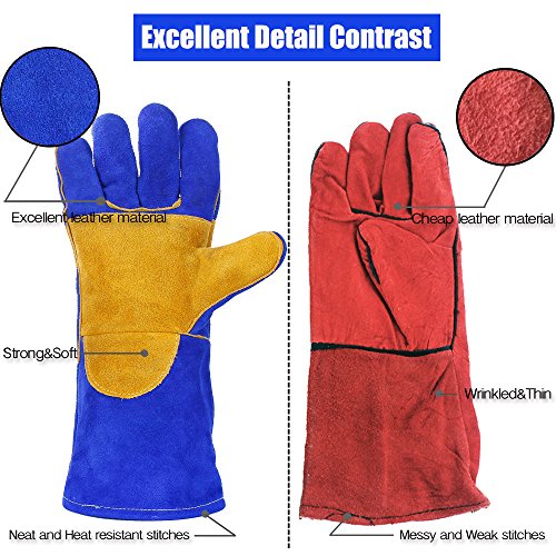QeeLink Welding Gloves - Heat Resistant & Wear Resistant Lined Leather Fireproof Stitching Tig/Mig Welders/Fireplace/BBQ/Gardening/Grilling/Stove (16-inch, Blue)